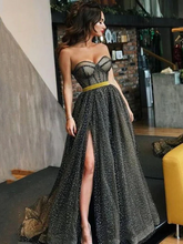 Chic A-line Sweetheart Long Prom Dresses Elegant Glitter Black Evening Formal Gowns SEW0181|Selinadress