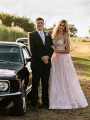 Chic A-line Sweetheart Pink Long Prom Dresses Gorgeous Lace Evening Dress SEW0199|Selinadress