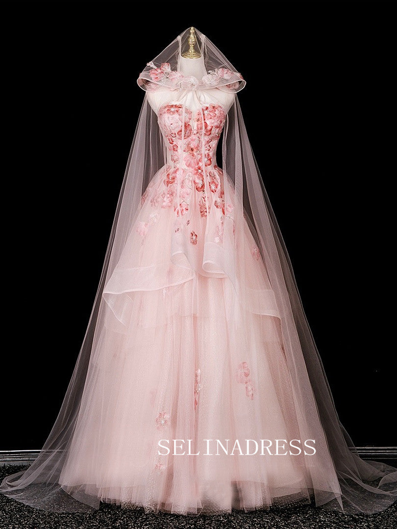 Chic A-line Sweetheart Pink Prom Dresses With Beaded Flower Evening Dress CRN074|Selinadress