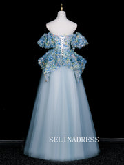 Chic A-line Sweetheart Prom Dresses WIth Flower Blue Evening Dress CRN072|Selinadress