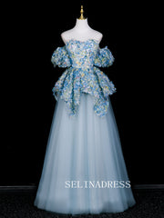 Chic A-line Sweetheart Prom Dresses WIth Flower Blue Evening Dress CRN072|Selinadress