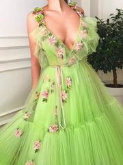 Chic A-line V neck Floral Long Prom Dresses Beautiful Flower Evening Formal Dresses kts064|Selinadress