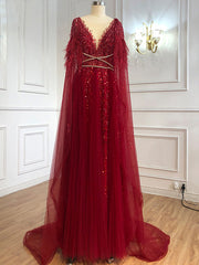 Chic A-line V neck Long Sleeve Beaded Evening Dress Elegant Long Prom Dresses sew03371|Selinadress