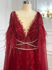 Chic A-line V neck Long Sleeve Beaded Evening Dress Elegant Long Prom Dresses sew03371|Selinadress