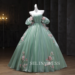 Chic Ball Gown Green Off-the-shoulder Prom Dresses Floral Evening Dress CRN068|Selinadress