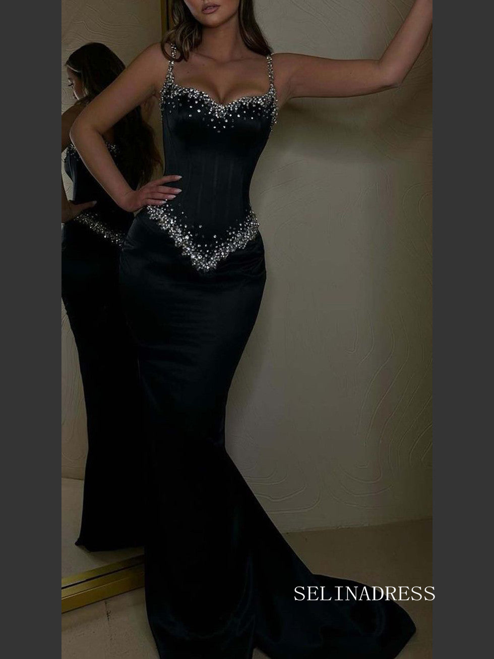 Chic Black Mermaid Elegant Long Prom Dresses Beaded Evening Dress sew03344|Selinadress