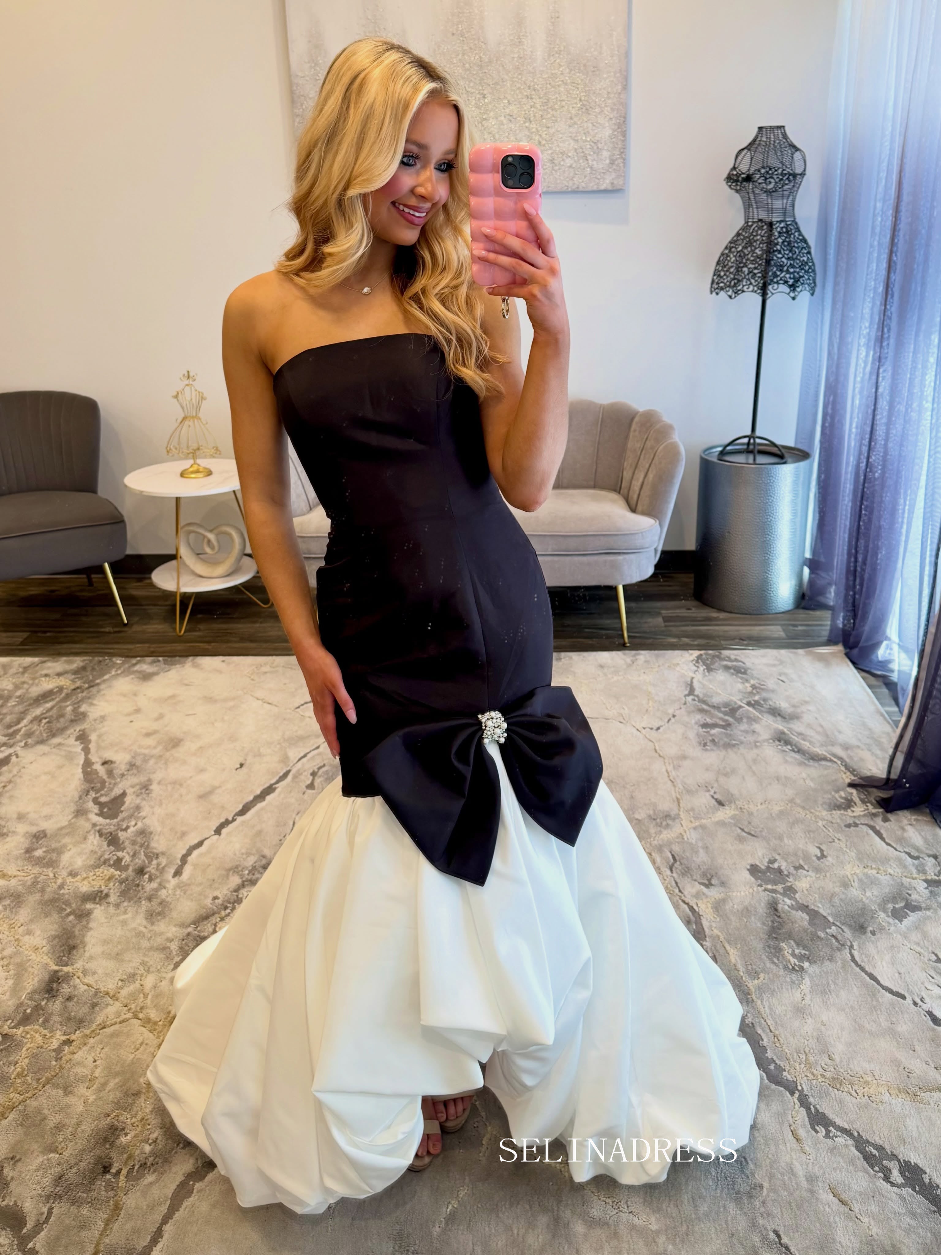 Chic Black-Top Mermaid Dress with White Flared Skirt and Waist Bow COK043|Selinadress