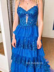 Chic Blue Long Prom Dresses Sequins Lace Layered Evening Dress #TKS001|Selinadress