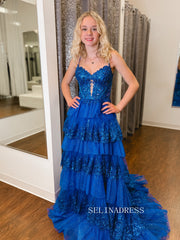 Chic Blue Long Prom Dresses Sequins Lace Layered Evening Dress #TKS001|Selinadress