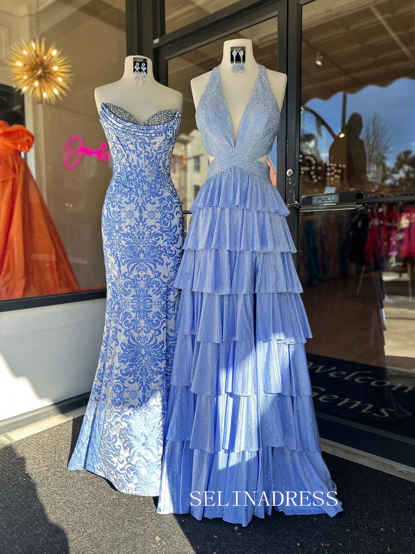 Chic Deep V neck Blue Prom Dresses With Rhinestone Elegant Long Formal Gowns SEA007|Selinadress