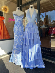 Chic Deep V neck Blue Prom Dresses With Rhinestone Elegant Long Formal Gowns SEA007|Selinadress