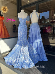 Chic Deep V neck Blue Prom Dresses With Rhinestone Elegant Long Formal Gowns SEA007|Selinadress