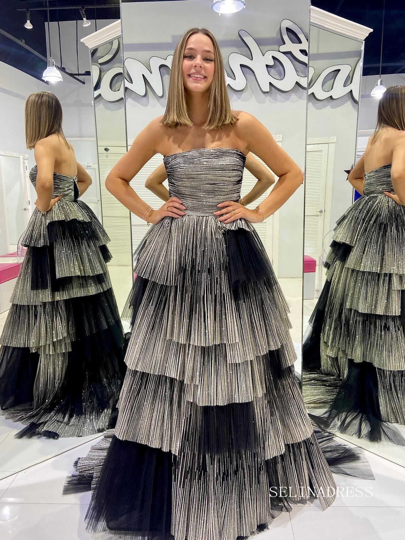 Chic Elegant A-line Strapless Black Long Prom Dresses Cheap Evening Dress lpk153|Selinadress