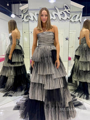 Chic Elegant A-line Strapless Black Long Prom Dresses Cheap Evening Dress lpk153|Selinadress