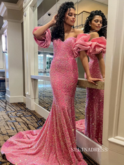 Chic Elegant Mermaid Long Prom Dresses Pink Gorgeous Cheap Sequins Evening Dress lpk143|Selinadress