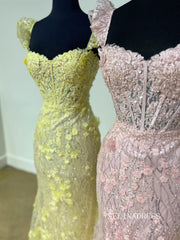 Chic Elegant Mermaid Long Prom Dresses Pink Lace Sequins Evening Dress lpk118|Selinadress