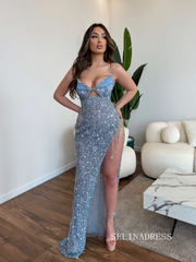 Chic Elegant Spaghetti Straps Beaded Long Prom Dresses High Split Evening Dress sew0312|Selinadress