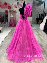 Chic Fuchsia One Shoulder Long Prom Dresses Ruffles Evening Dress #TKL204|Selinadress