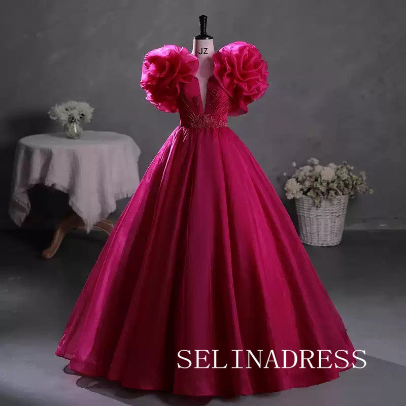 Chic Fuchsia V neck Ball Gown Prom Dress Elegant Princess Dress Evening Dress #ann205|Selinadress