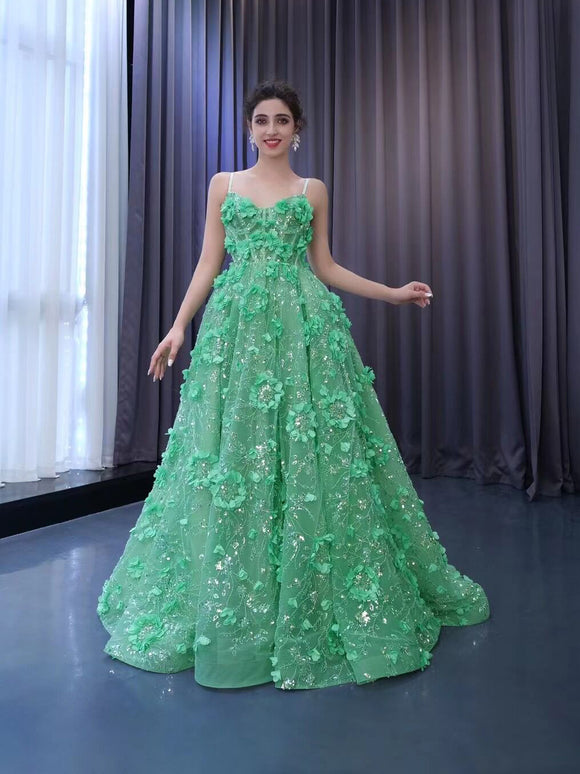 Chic Gorgeous Green Ball Gown Formal Gown Beaded Prom Dress Elegant 3D Floral Evening Dress #RSM231067|Selinadress