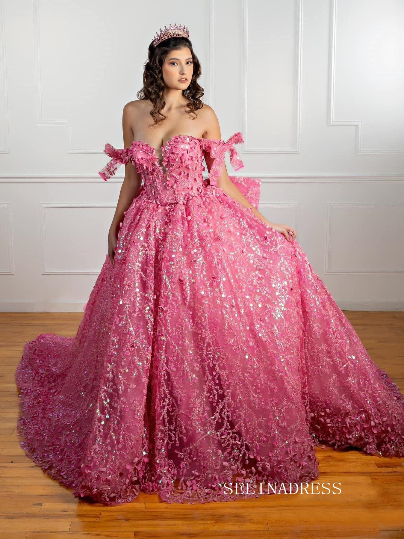 Chic Gorgeous Pink Ball Gown Wedding Dresses Sequins Lace Quincedress Evening Formal Gowns LPK093|Selinadress