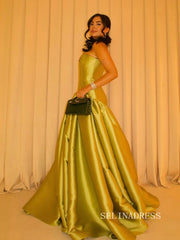 Chic Green Long Prom Dresses Elegant Satin Evening Gowns SEA035|Selinadress
