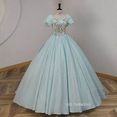 Chic Light Blue Long Prom Dress Puff Sleeve Elegant Long Formal Dress Princess Dress #kop126|Selinadress