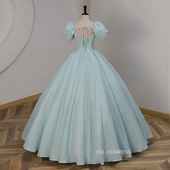 Chic Light Blue Long Prom Dress Puff Sleeve Elegant Long Formal Dress Princess Dress #kop126|Selinadress