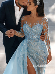 Chic Long Sleeve Evening Prom Gowns Light Sky Blue Elegant Evening Dress SEW0162|Selinadress