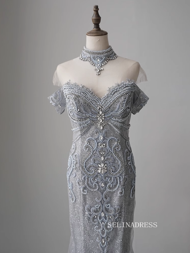 Chic Mermaid Beaded Long Prom Dress Elegant Silver Evening Dress KOP0