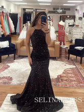 Chic Mermaid Black Long Prom Dresses Elegant Beaded Evening Gowns CRN048|Selinadress