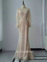 Chic Mermaid High Neck Long Sleeve Prom Dresses Elegant Beaded Evening Dress TKL3083|Selinadress