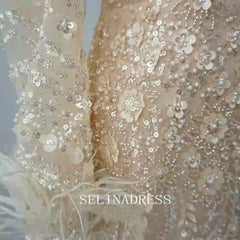 Chic Mermaid High Neck Long Sleeve Prom Dresses Elegant Beaded Evening Dress TKL3083|Selinadress