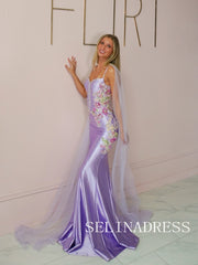 Chic Mermaid Lilac Long Prom Dresses With Floral Elegant Long Formal Gowns SEA020|Selinadress
