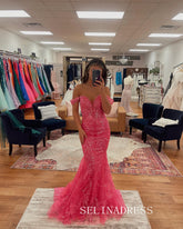 Chic Mermaid Off-the-shoulder Hot Pink Long Prom Dresses Elegant Formal Evening Gowns CRN032|Selinadress