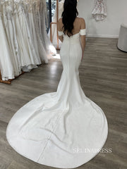 Chic Mermaid Off-the-shoulder Rustic White Satin Wedding Dresses SER619|Selinadress