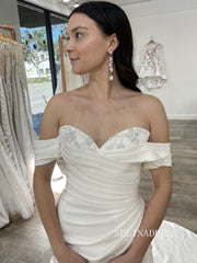 Chic Mermaid Off-the-shoulder Rustic White Satin Wedding Dresses SER619|Selinadress