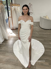 Chic Mermaid Off-the-shoulder Rustic White Satin Wedding Dresses SER619|Selinadress