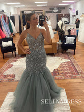 Chic Mermaid Spaghetti Straps Gray Long Prom Dresses Elegant Beaded Evening Gowns CRN051|Selinadress