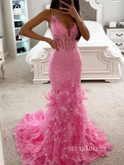 Chic Mermaid Spaghetti Straps Long Prom Dresses Pink Feather Elegantt Evening Dress sew0212|Selinadress