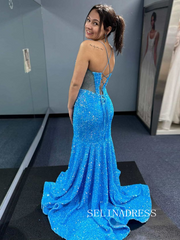 Chic Mermaid Spaghetti Straps Sequins Long Prom Dresses Blue Evening Dress SEW0160|Selinadress