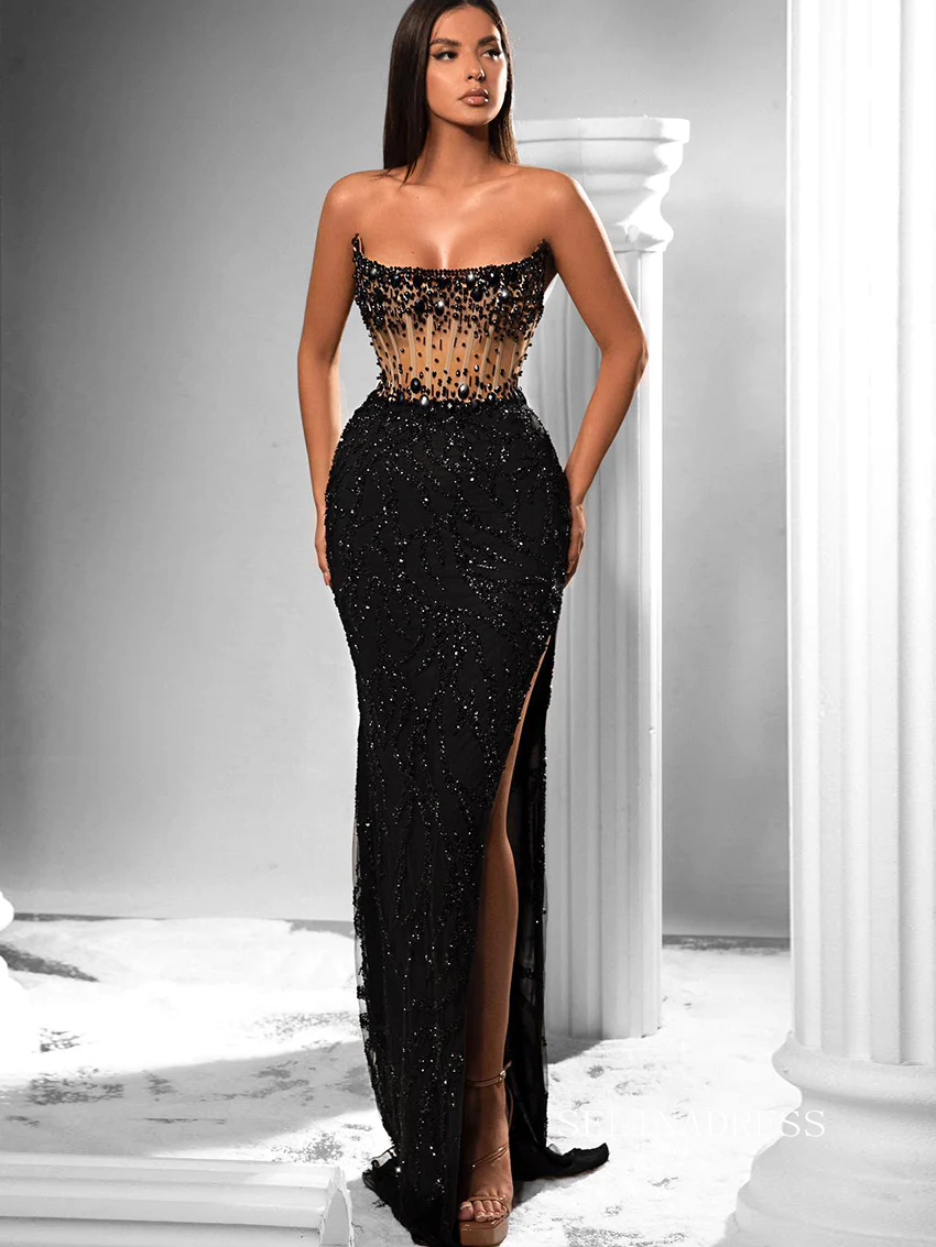 Chic Mermaid Strapless Black Long Prom Dresses Beaded Evening Dress sew0336|Selinadress