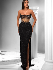 Chic Mermaid Strapless Black Long Prom Dresses Beaded Evening Dress sew0336|Selinadress