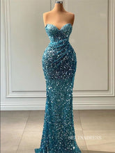 Chic Mermaid Sweetheart Blue Long Prom Dresses Elegant Beaded Evening Dress sew03341|Selinadress