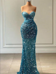 Chic Mermaid Sweetheart Blue Long Prom Dresses Elegant Beaded Evening Dress sew03341|Selinadress