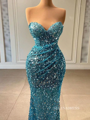 Chic Mermaid Sweetheart Blue Long Prom Dresses Elegant Beaded Evening Dress sew03341|Selinadress