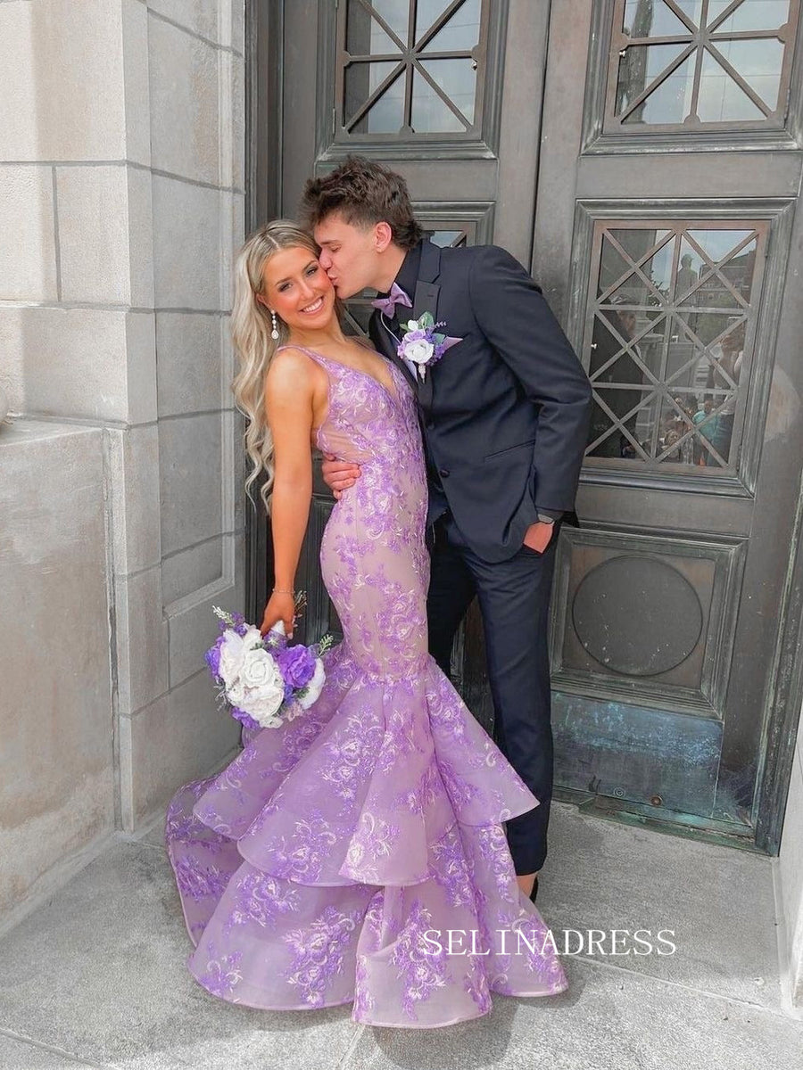 Chic Mermaid V neck Lace Long Prom Dress Lilac Elegant Evening Dress