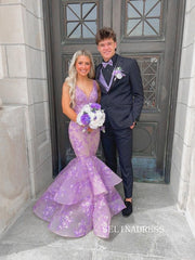 Chic Mermaid V neck Lace Long Prom Dress Lilac Elegant Evening Dress #kop138|Selinadress