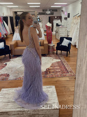 Chic Mermaid V neck Lilac Long Prom Dresses Elegant Beaded Evening Gowns With Feather CRN047|Selinadress