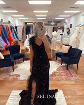 Chic Mermaid V neck Long Prom Dresses Elegant Black Sequins Formal Evening Gowns CRN033|Selinadress